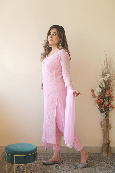 Almas Lifestyle Lucknowi Chikankari Viscose Kurti & Pant Set With Inner & Dupatta - Almas Lifestyle