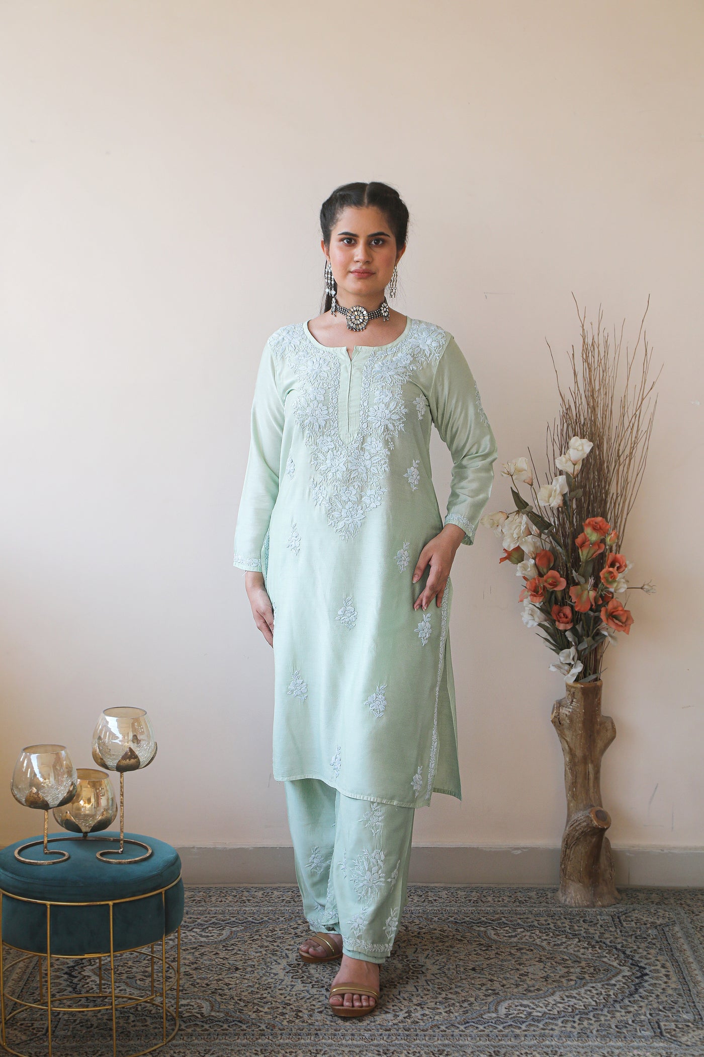 Almas Lifestyle Lucknowi Chikankari Chanderi Soft Silk Cotton Kurti & Plazo Set - Almas Lifestyle