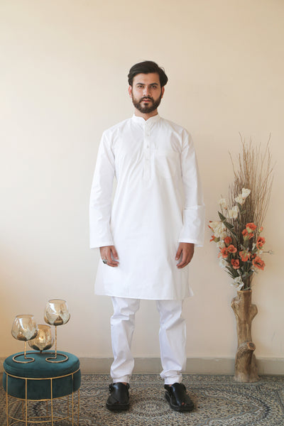 Almas Lifestyle Lucknowi Kurta Pajama Set | White - Almas Lifestyle