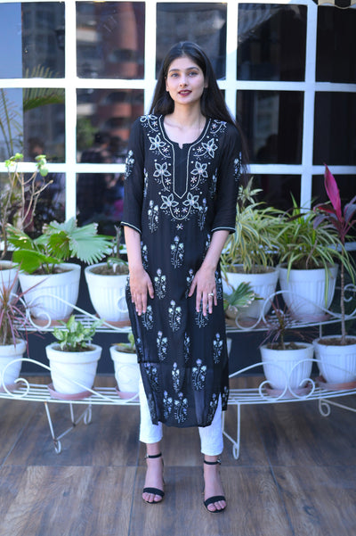 Chikankari Embroidery Georgette Kurti | Black - Almas Lifestyle