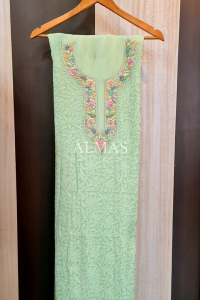 Almas Lifestyle Lucknowi Chikankari Viscose Unstitched Kurti & Dupatta Set on Multicoloured Resham Parsi Neck & Traditional Jaal Work