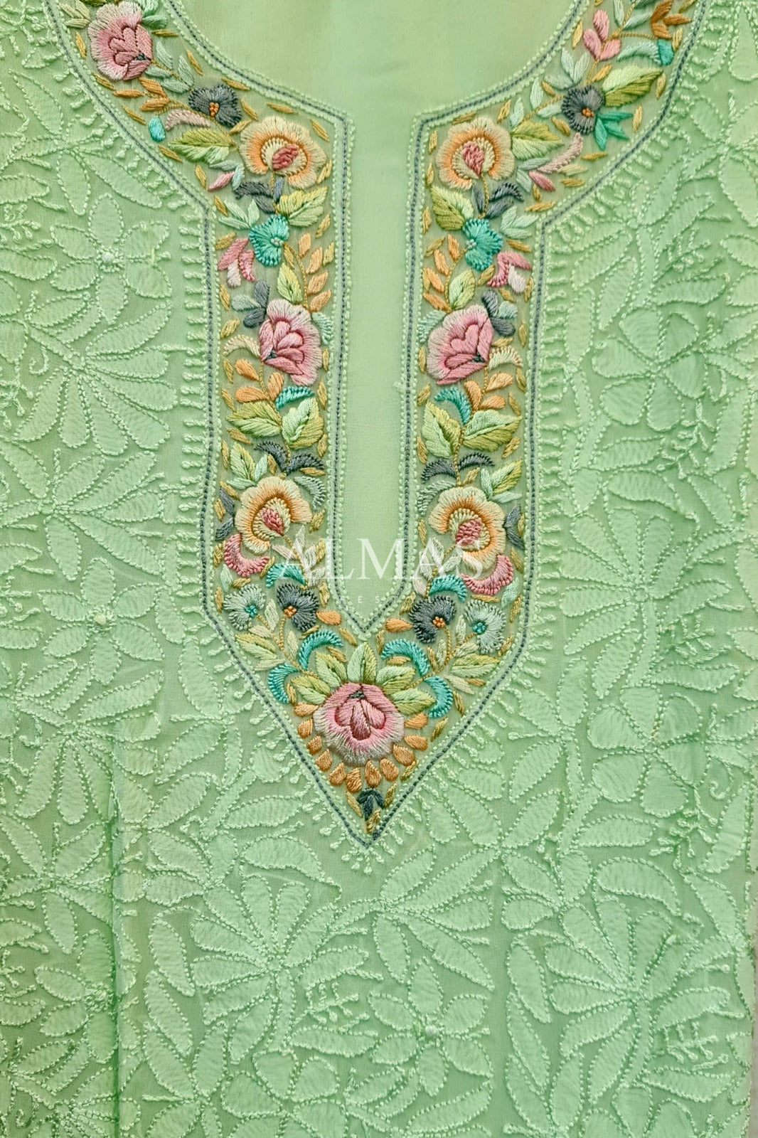 Almas Lifestyle Lucknowi Chikankari Viscose Unstitched Kurti & Dupatta Set on Multicoloured Resham Parsi Neck & Traditional Jaal Work
