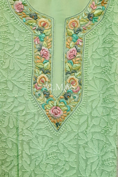Almas Lifestyle Lucknowi Chikankari Viscose Unstitched Kurti & Dupatta Set on Multicoloured Resham Parsi Neck & Traditional Jaal Work