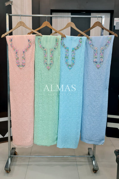 Almas Lifestyle Lucknowi Chikankari Viscose Unstitched Kurti & Dupatta Set on Multicoloured Resham Parsi Neck & Traditional Jaal Work