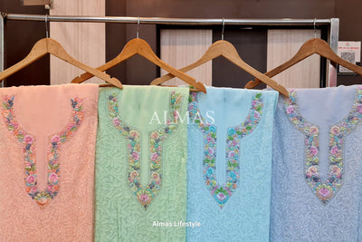 Almas Lifestyle Lucknowi Chikankari Viscose Unstitched Kurti & Dupatta Set on Multicoloured Resham Parsi Neck & Traditional Jaal Work