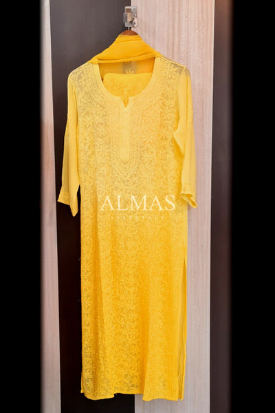 Alora Lucknowi Chikankari Viscose Kurti & Pant Set With Inner & Dupatta