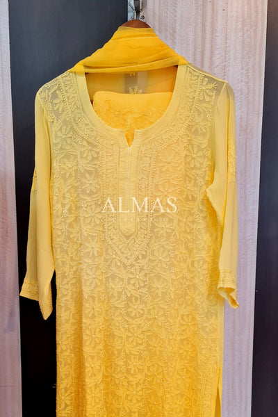 Alora Lucknowi Chikankari Viscose Kurti & Pant Set With Inner & Dupatta