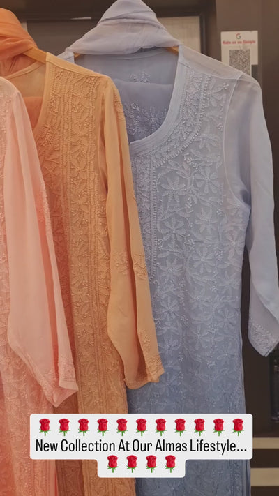 Alora Lucknowi Chikankari Viscose Kurti & Pant Set With Inner & Dupatta
