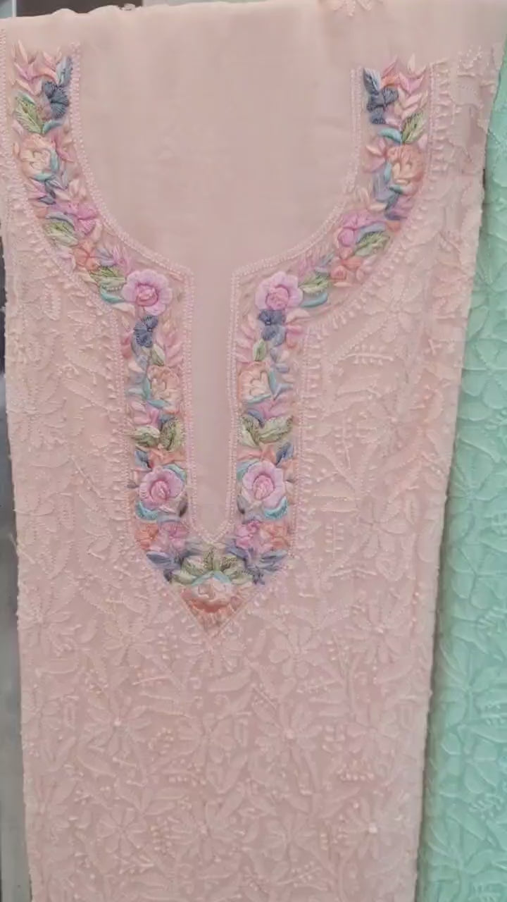 Almas Lifestyle Lucknowi Chikankari Viscose Unstitched Kurti & Dupatta Set on Multicoloured Resham Parsi Neck & Traditional Jaal Work