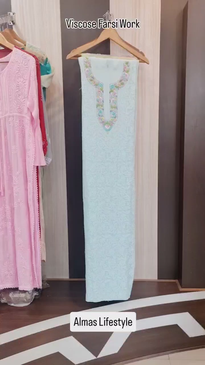 Almas Lifestyle Lucknowi Chikankari Viscose Unstitched Kurti & Dupatta Set on Multicoloured Resham Parsi Neck & Traditional Jaal Work