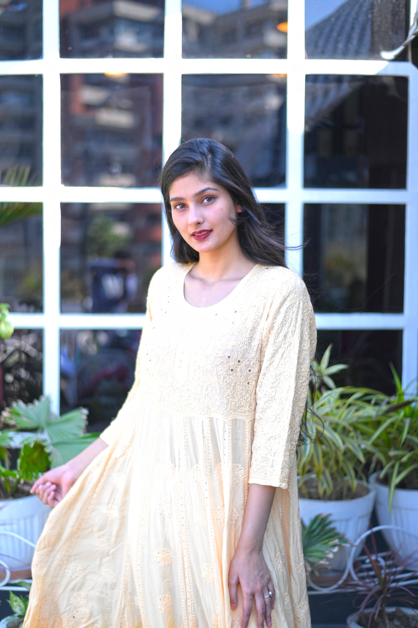 Ada Peach Mulmul Premium Chikankari Floral Gown – The Lucknowi Chikan