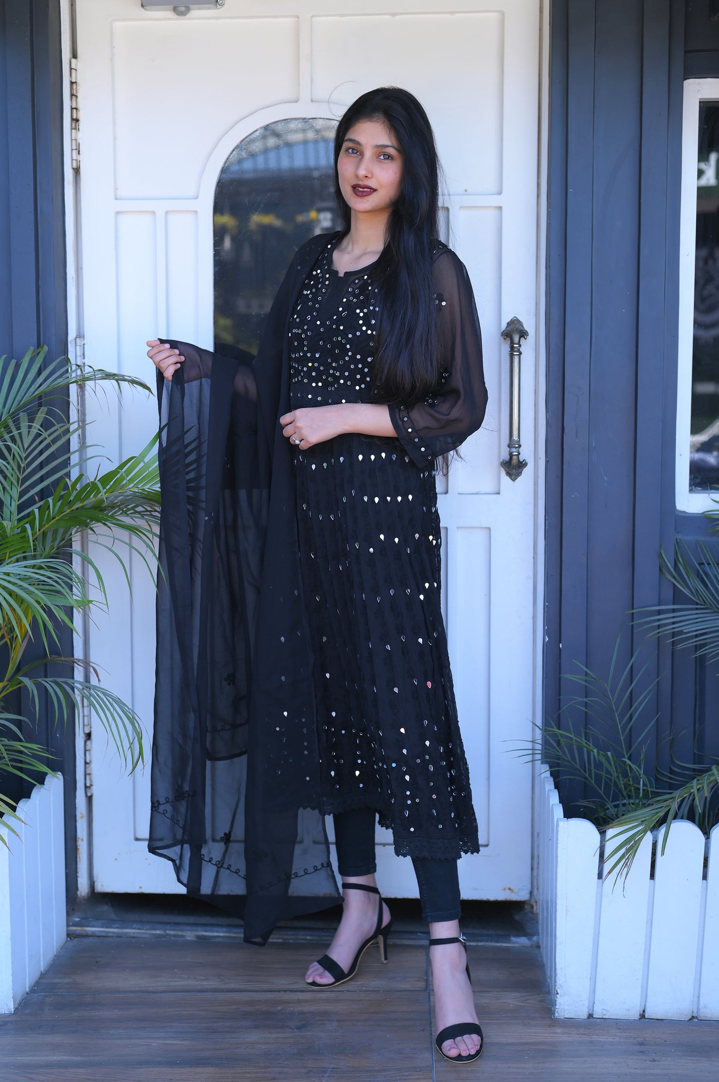 ALMAS LIFESTYLE WOMEN CHIKAN EMBROIDERY GEORGETTE ANARKALI MIRRORED FROCK WITH ATTACHED DUPATTA | BLACK - Almas Lifestyle