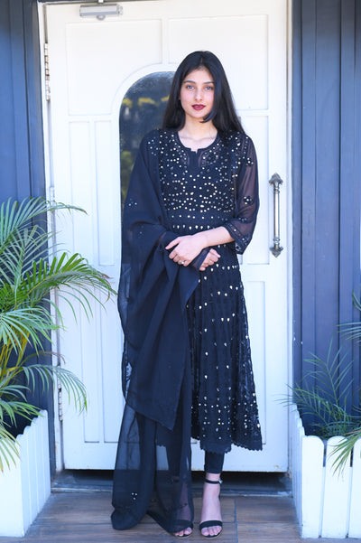 ALMAS LIFESTYLE WOMEN CHIKAN EMBROIDERY GEORGETTE ANARKALI MIRRORED FROCK WITH ATTACHED DUPATTA | BLACK - Almas Lifestyle