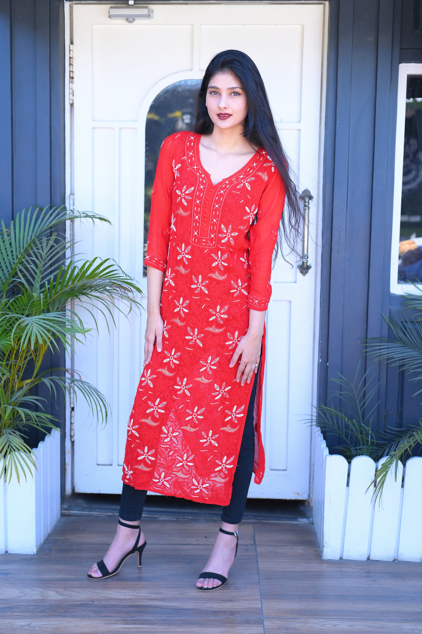 Chikankari Embroidery Viscose Kurti | Red - Almas Lifestyle