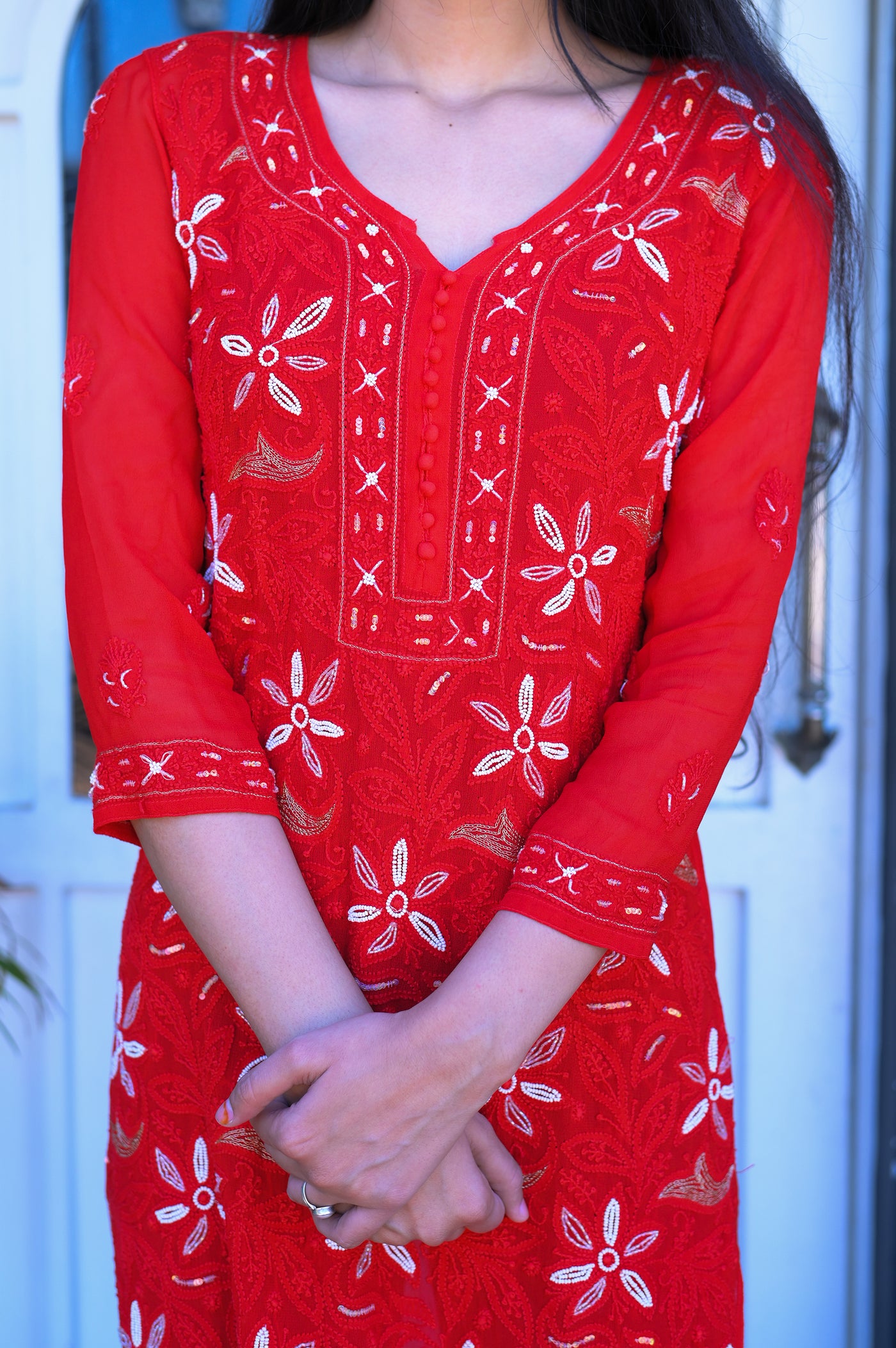 Chikankari Embroidery Viscose Kurti | Red - Almas Lifestyle