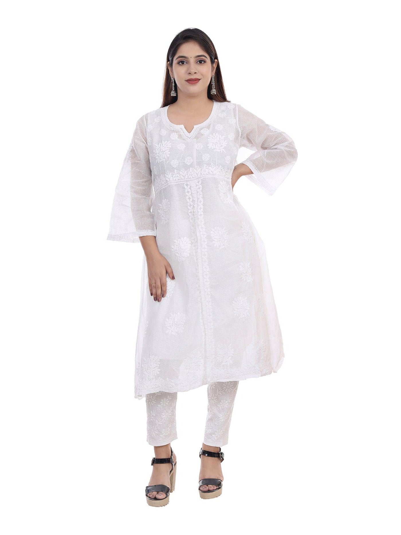 Buy White Pure Linen Embroidered A-Line Kurti by Colorauction - Online  shopping for Kurtis in India