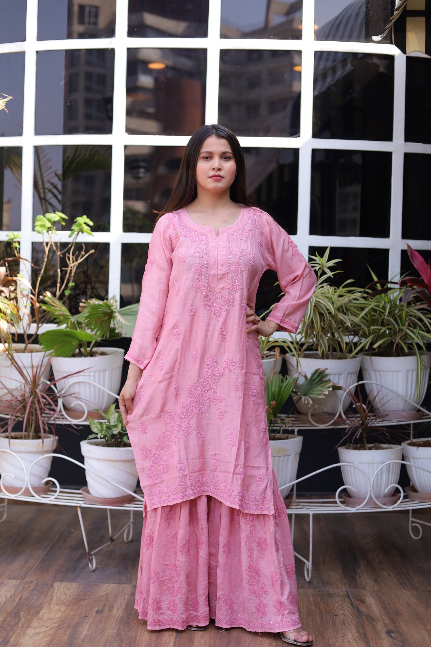 Almas Lifestyle Muslin Cotton Kurti & Garara Set With Inner & Dupatta | Pink - Almas Lifestyle