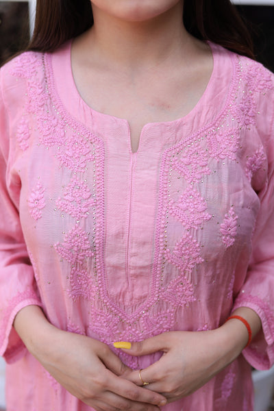 Almas Lifestyle Muslin Cotton Kurti & Garara Set With Inner & Dupatta | Pink - Almas Lifestyle