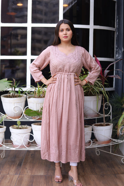 Lucknowi Chikankari Modal Satin Long Gown | Pink - Almas Lifestyle