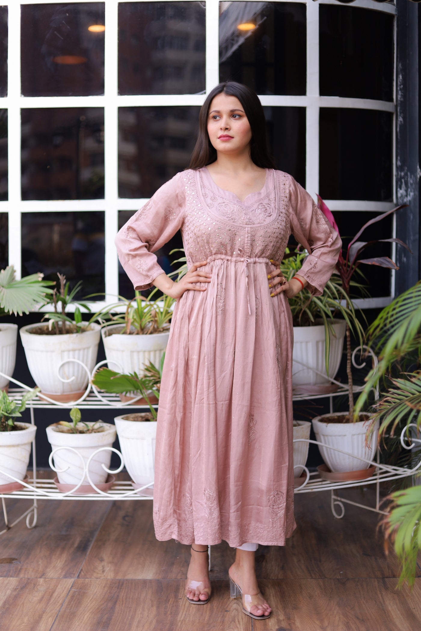 Lucknowi Chikankari Modal Satin Long Gown | Pink - Almas Lifestyle