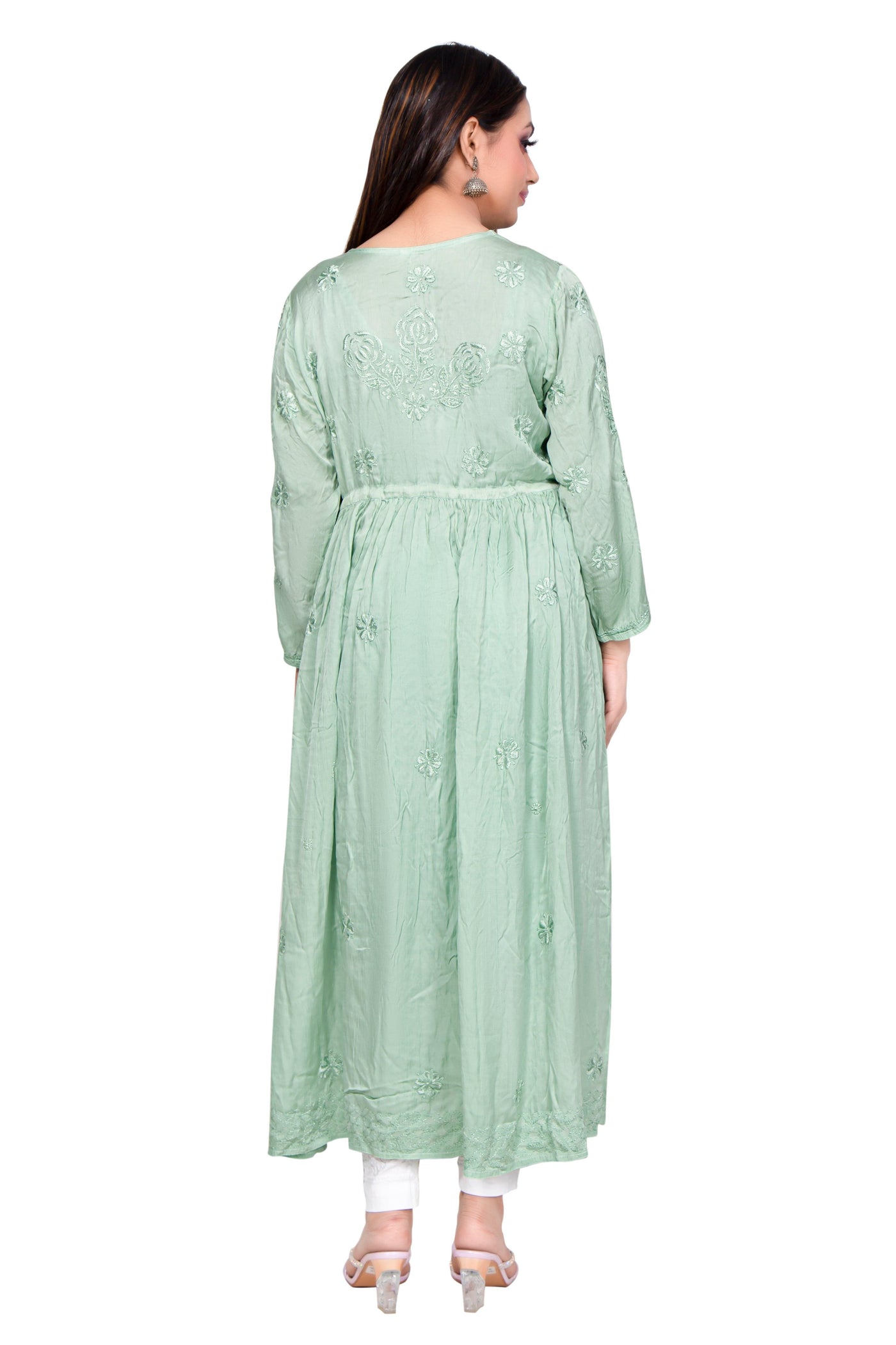 Almas Lifestyle Lucknowi Chikankari Green Modal Koti Style Long Gown - Almas Lifestyle