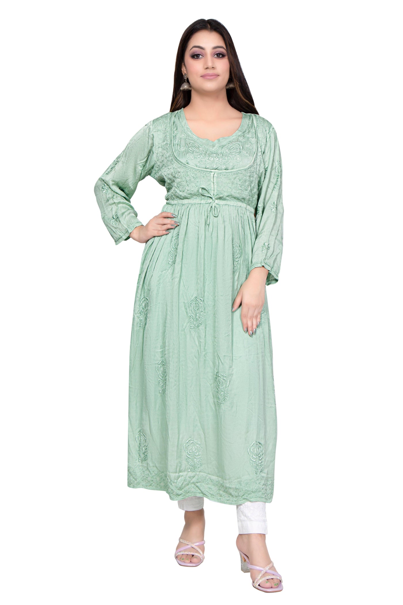 Almas Lifestyle Lucknowi Chikankari Green Modal Koti Style Long Gown - Almas Lifestyle